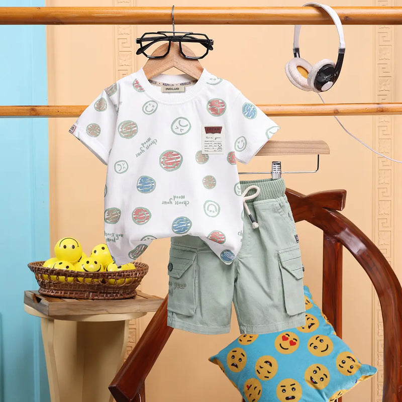 Boys Printed Short Sleeve T-Shirt With Green Cargo Pocket Twill Shorts Set 2 pc. Sets Green 0-3 M