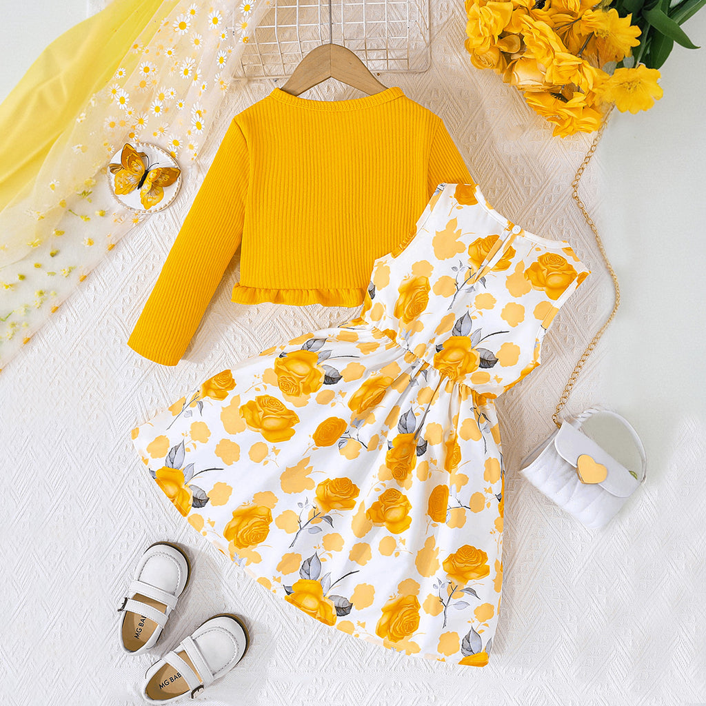Girls Yellow Long Sleeve Top With Sleeveless Floral Print Dress Casual Dresses
