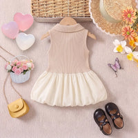 Girls Beige Sleeveless Ribbed Shirt Collar Drop Waist Dress Casual Dresses