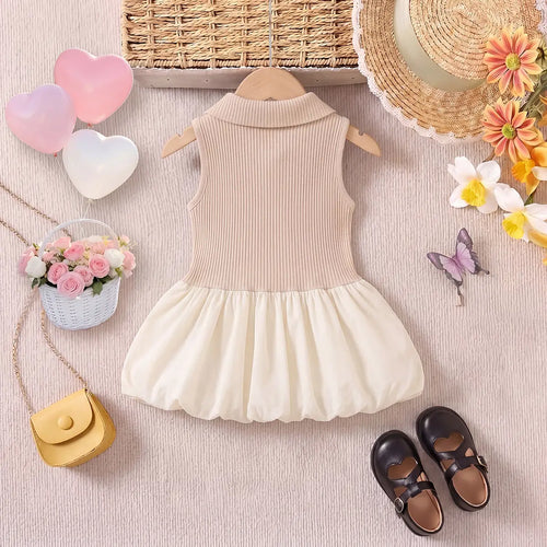 Girls Beige Sleeveless Ribbed Shirt Collar Drop Waist Dress Casual Dresses