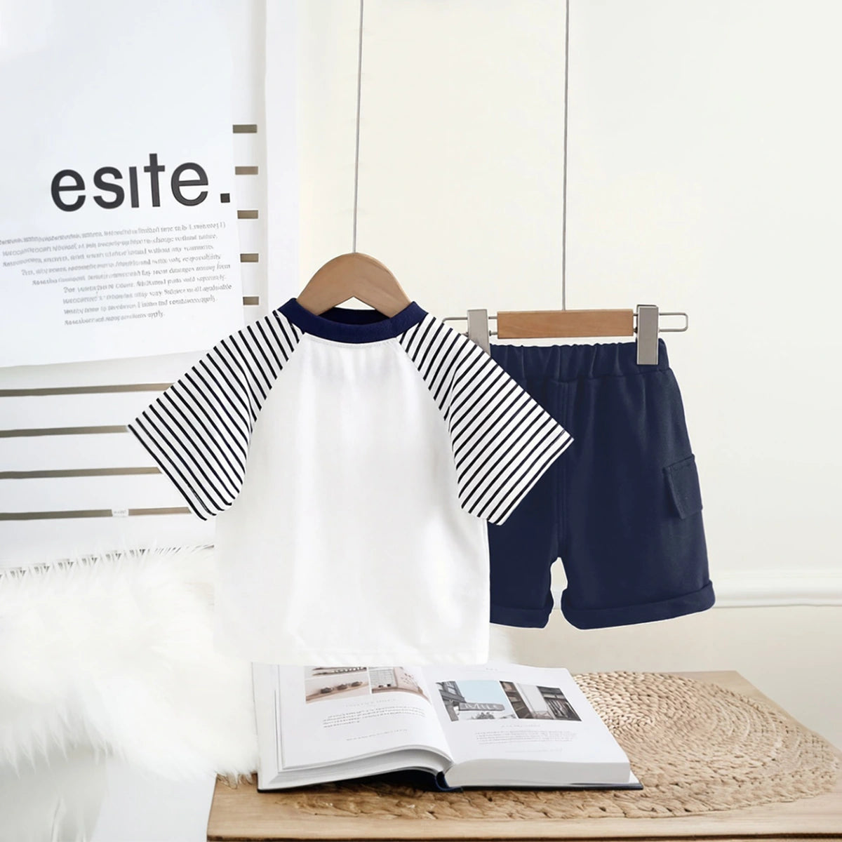 Boys Three Bear Printed T-Shirt With Navy Blue Shorts Set Sets