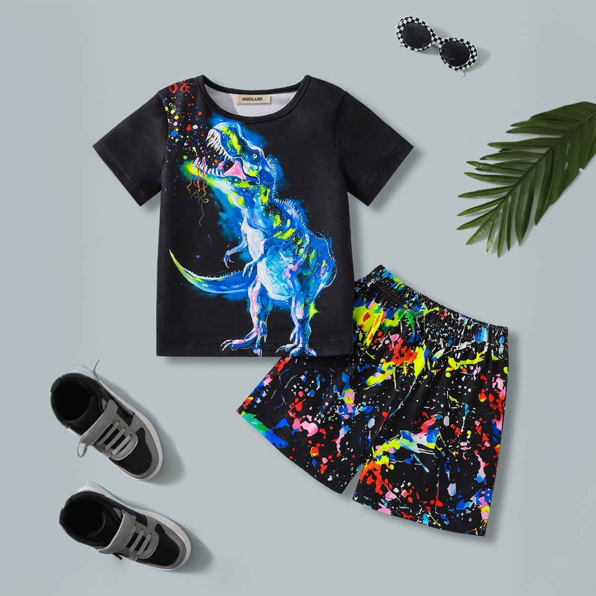 Boys Black Dinosaur Printed Glow in the Dark T-Shirt & Shorts Set 2 pc. Sets