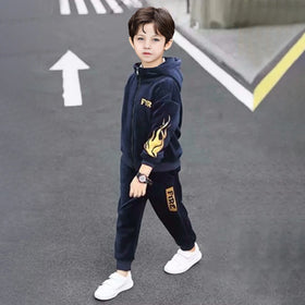 Boys Navy Blue Typographic Printed Hooded Zip-up Jacket With Jogger Sets Sets