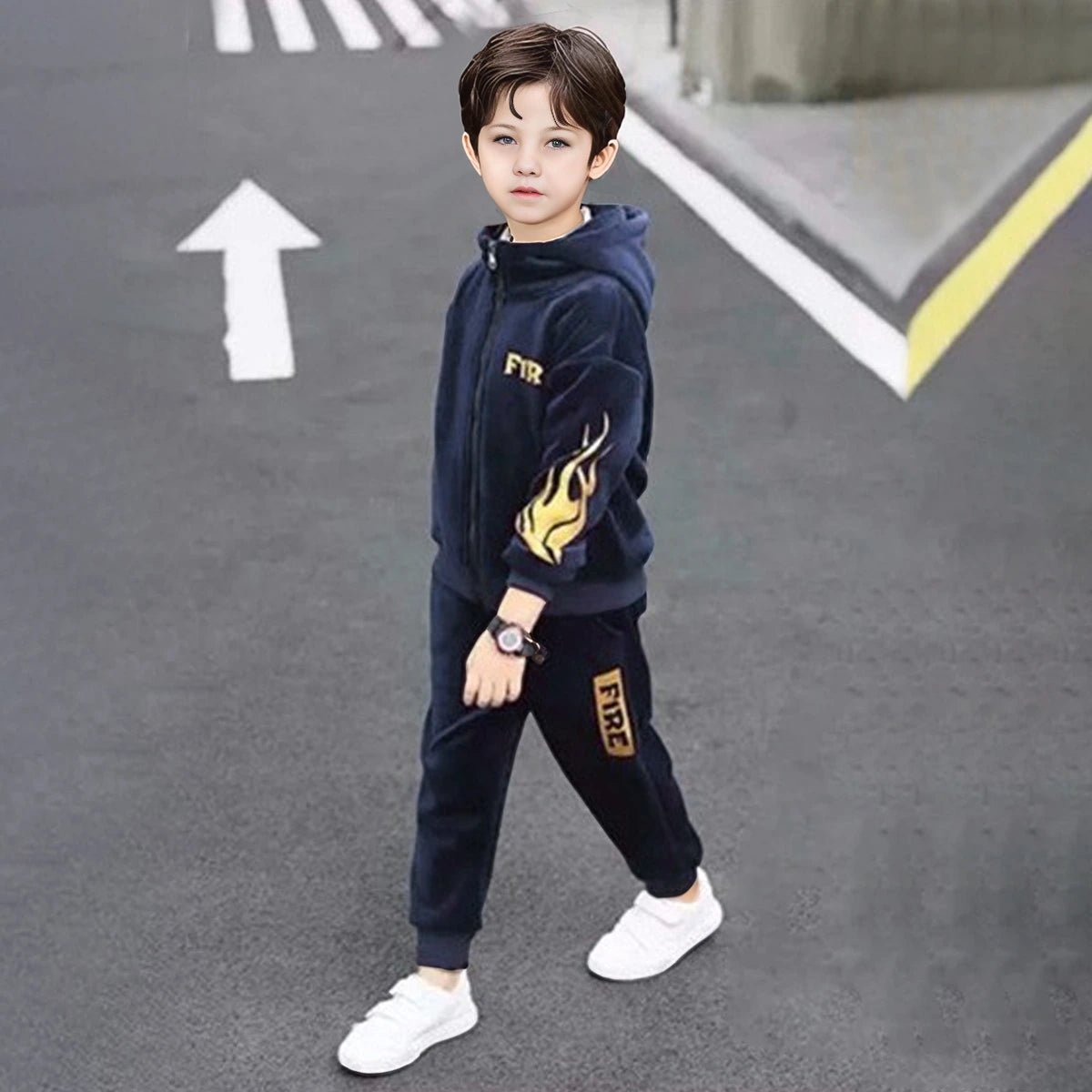 Boys Navy Blue Typographic Printed Hooded Zip-up Jacket With Jogger Sets Sets
