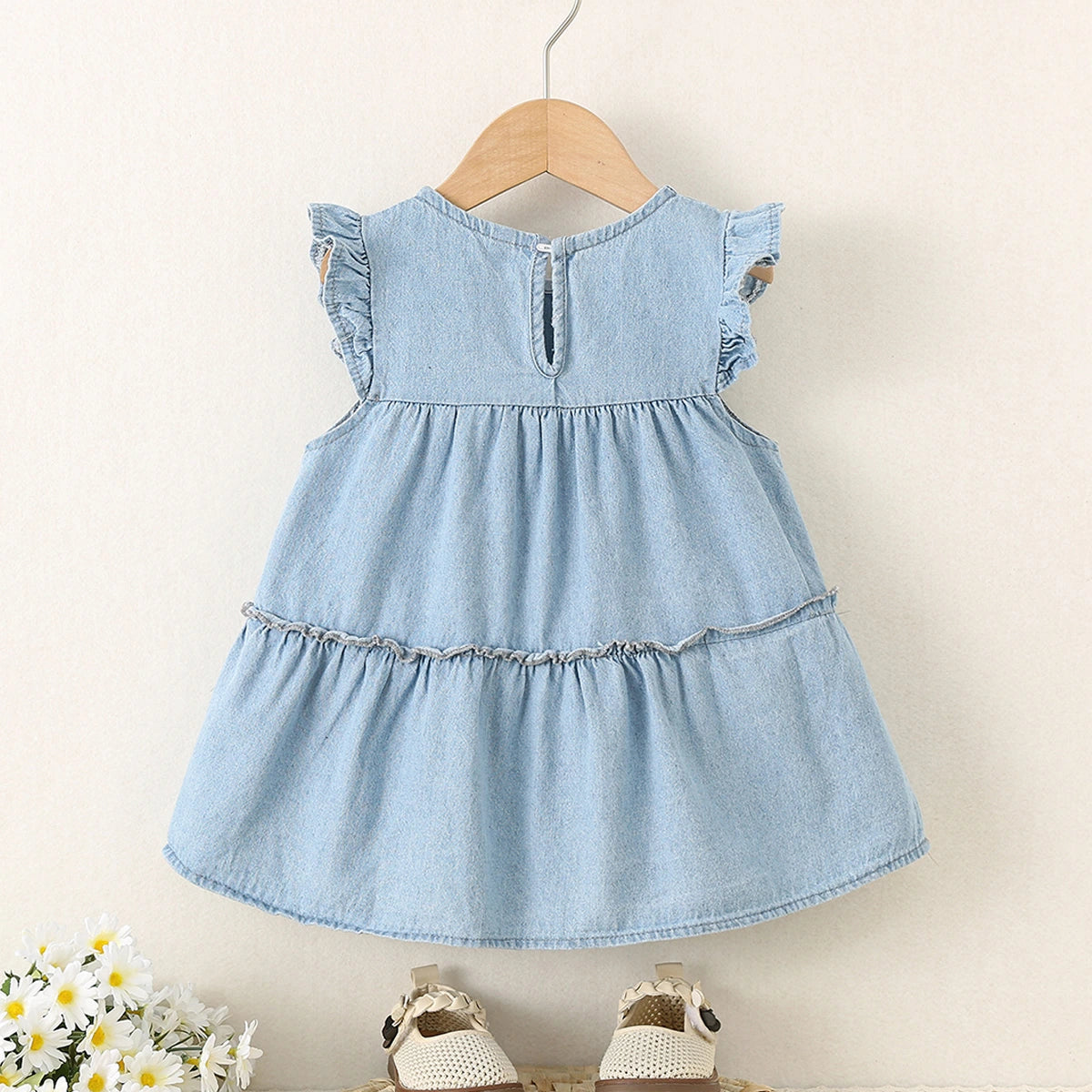 Girls Blue Heart Applique Layered Denim Dress Casual Dresses