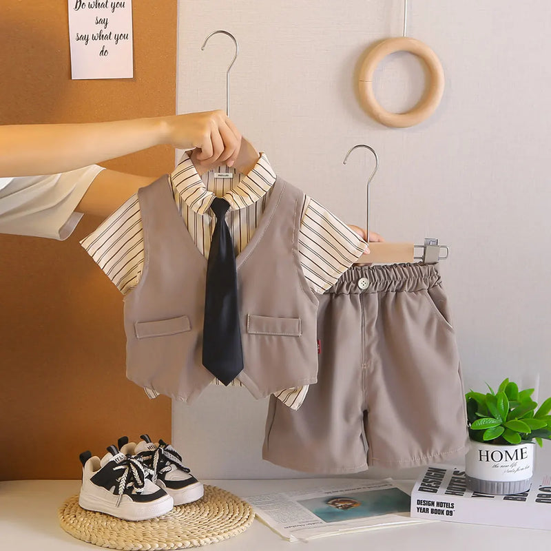 Boys Grey Vest & Shirt With Shorts & Neck Tie Sets Sets Grey 1-2 Y