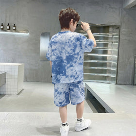 Boys Blue Tie-Dye Bear Graphic Short Sleeve T-Shirt With Elasticated Shorts Sets Sets