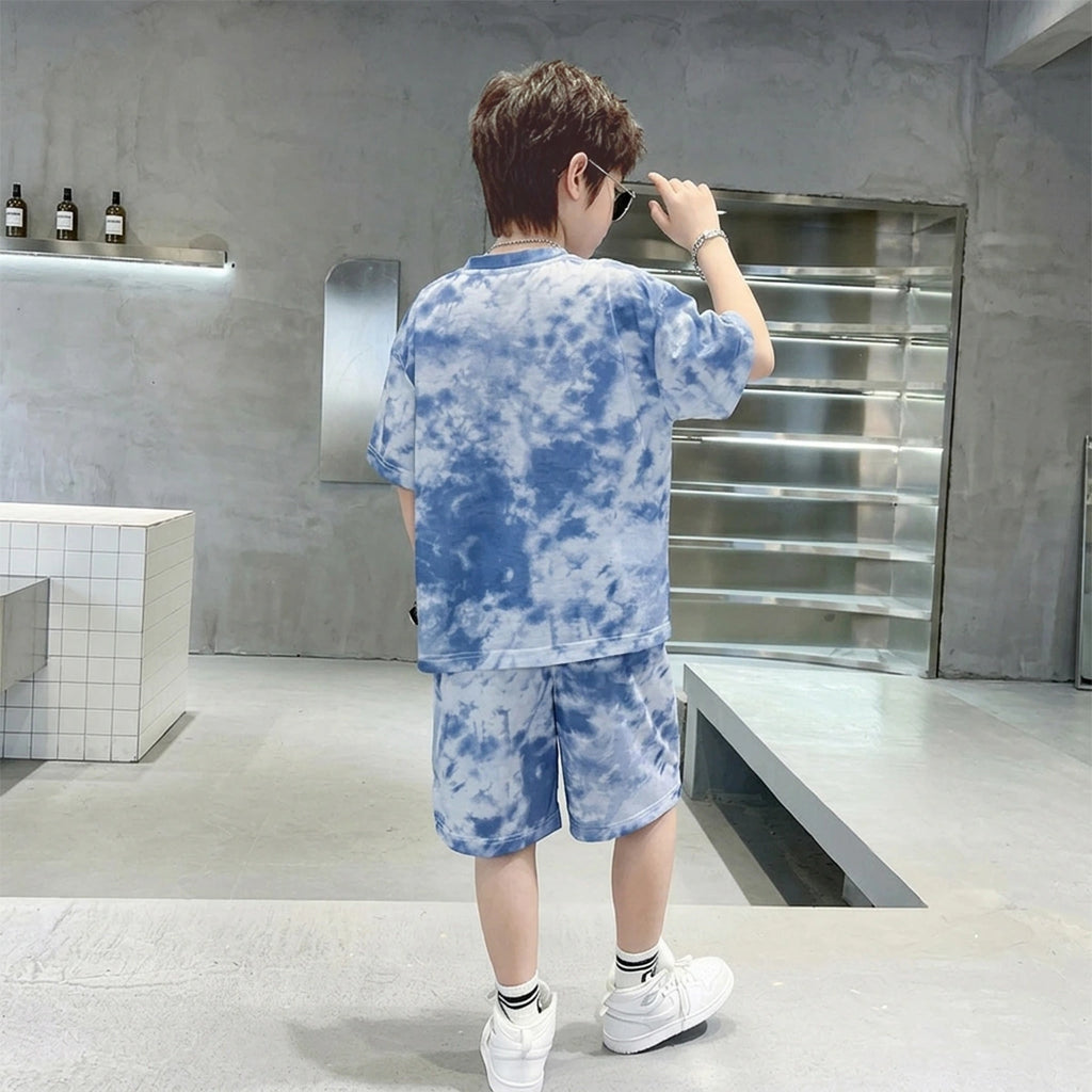 Boys Blue Tie-Dye Bear Graphic Short Sleeve T-Shirt With Elasticated Shorts Sets Sets