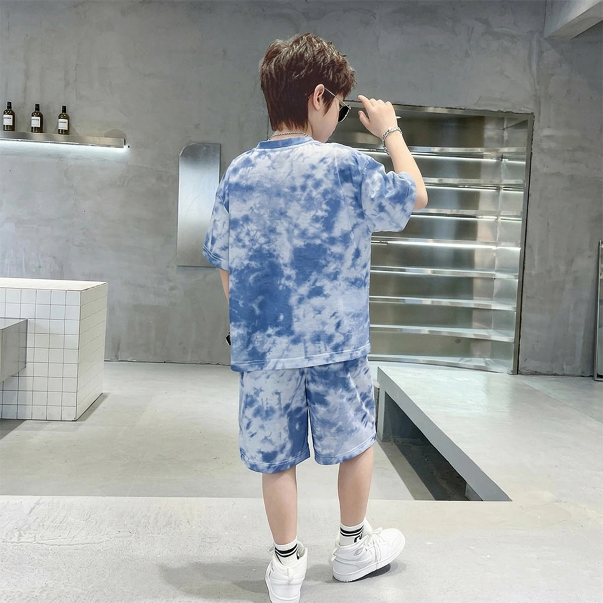 Boys Blue Tie-Dye Bear Graphic Short Sleeve T-Shirt With Elasticated Shorts Sets Sets