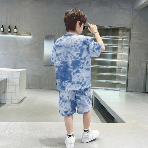 Boys Blue Tie-Dye Bear Graphic Short Sleeve T-Shirt With Elasticated Shorts Sets Sets
