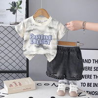 Boys Off White Typographic Print T-Shirt With Denim Shorts Sets Sets Off White 1-2 Y
