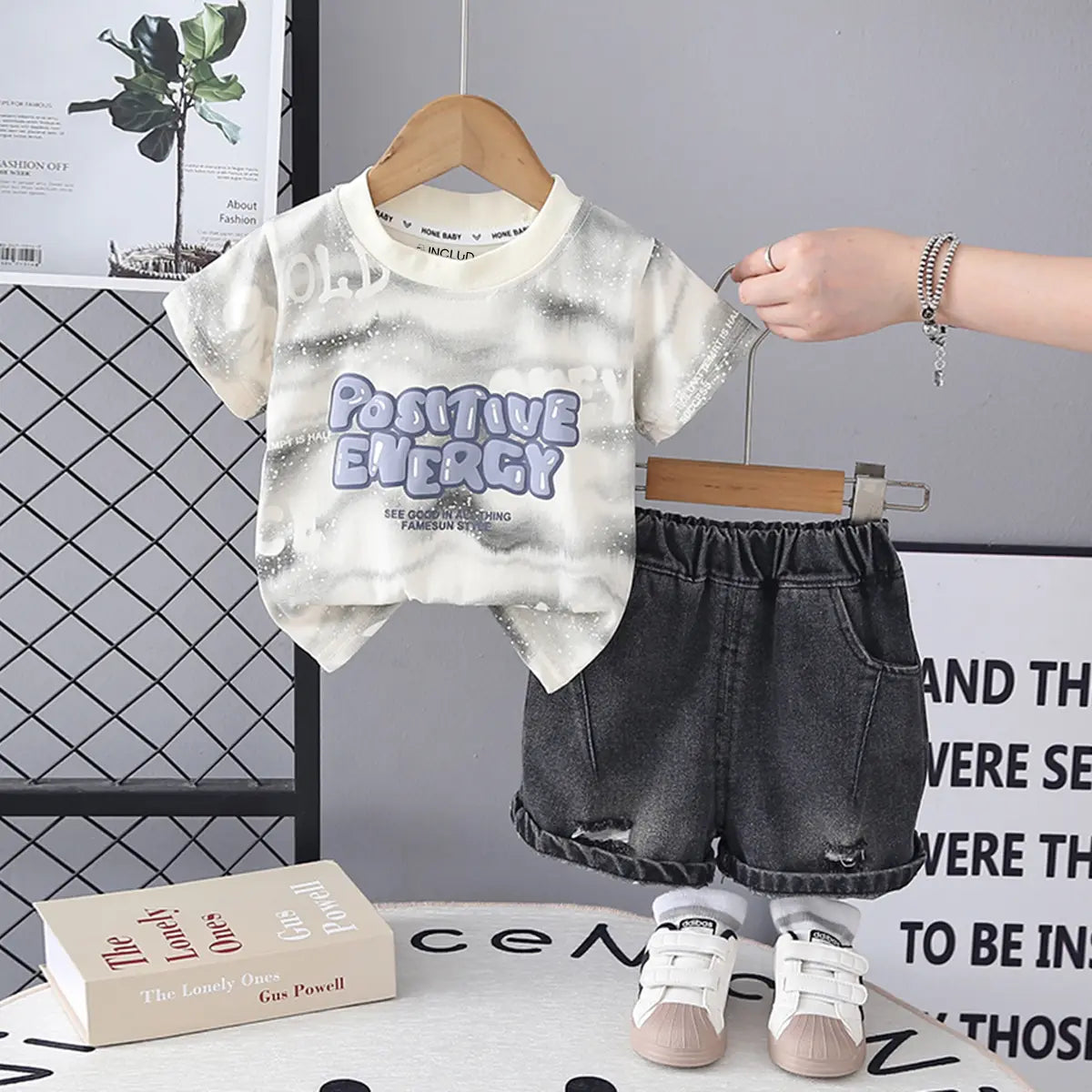 Boys Off White Typographic Print T-Shirt With Denim Shorts Sets Sets Off White 1-2 Y