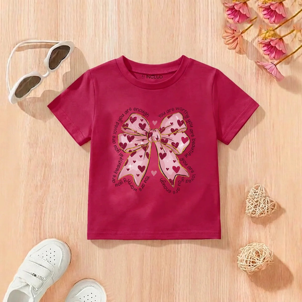 Girls Maroon Bow Graphic Short Sleeve T-Shirt Tshirts Maroon 2-3 Y