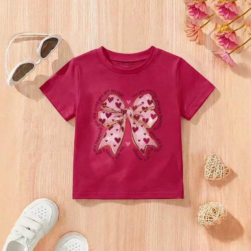 Girls Maroon Bow Graphic Short Sleeve T-Shirt Tshirts Maroon 2-3 Y