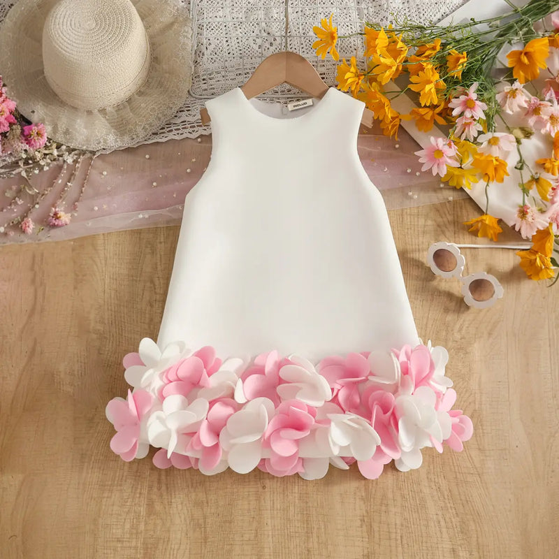 Girls White Sleeveless A-line Party Wear Dress With Floral Applique Party Dresses White 2-3 Y