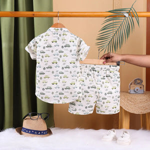 Boys Green Tropical Print T-shirt With Printed Shirt and Shorts Sets Sets