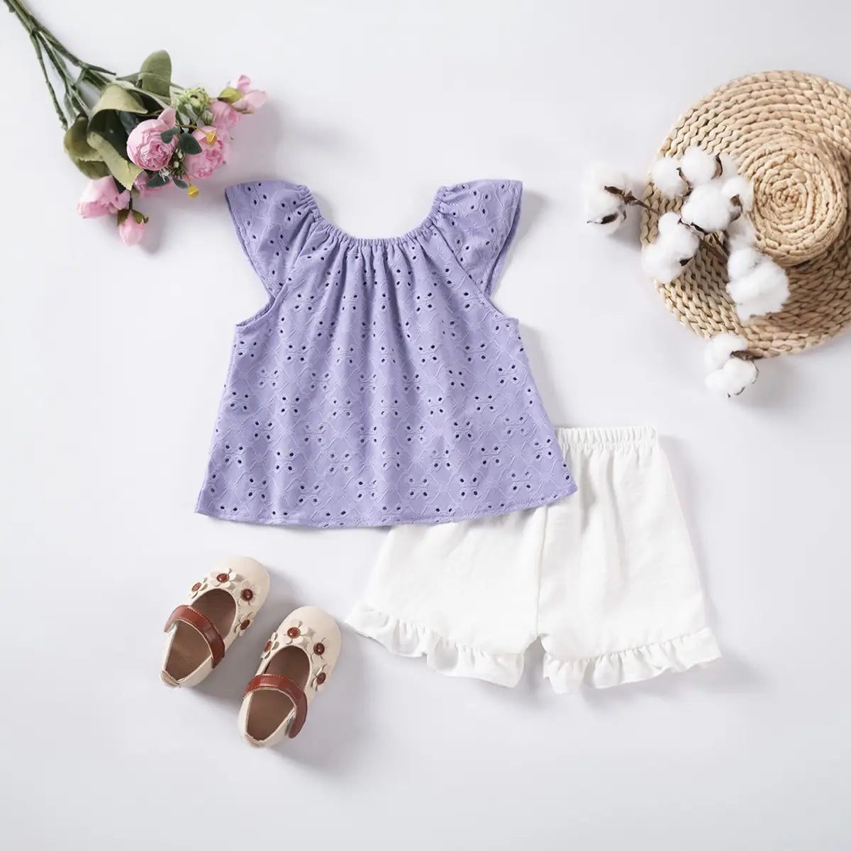 Girls Purple Eyelet Embroidered Top With Ruffle Hem Shorts Set Sets