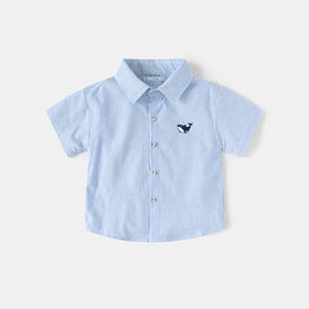 Boys Light Blue Striped Casual Shirt with Shark Embroidery Shirts