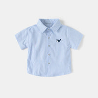 Boys Light Blue Striped Casual Shirt with Shark Embroidery Shirts