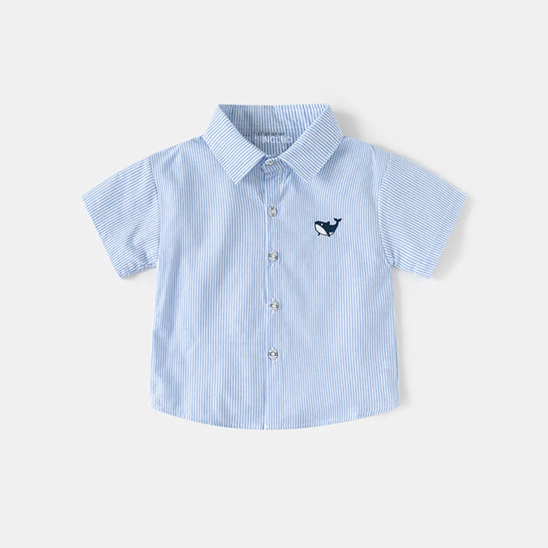 Boys Light Blue Striped Casual Shirt with Shark Embroidery Shirts