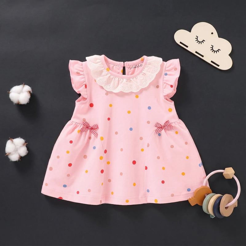 Girls Pink Polka Dot Print Flutter Sleeve A-line Dress Casual Dresses Pink 1-2 Y