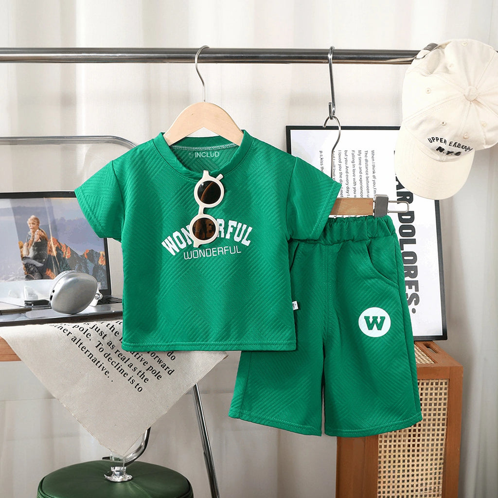 Boys Dark Green Wonderful Typography Short Sleeve T-Shirt With Shorts Sets 2 pc. Sets Dark Green 1-2 Y