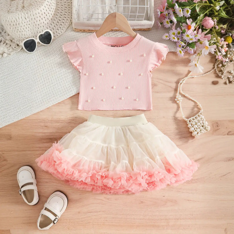 Girls Light Pink Pearl-Embellished Top With Tiered Tulle Tutu Skirt Sets Sets Light Pink 3-4 Y