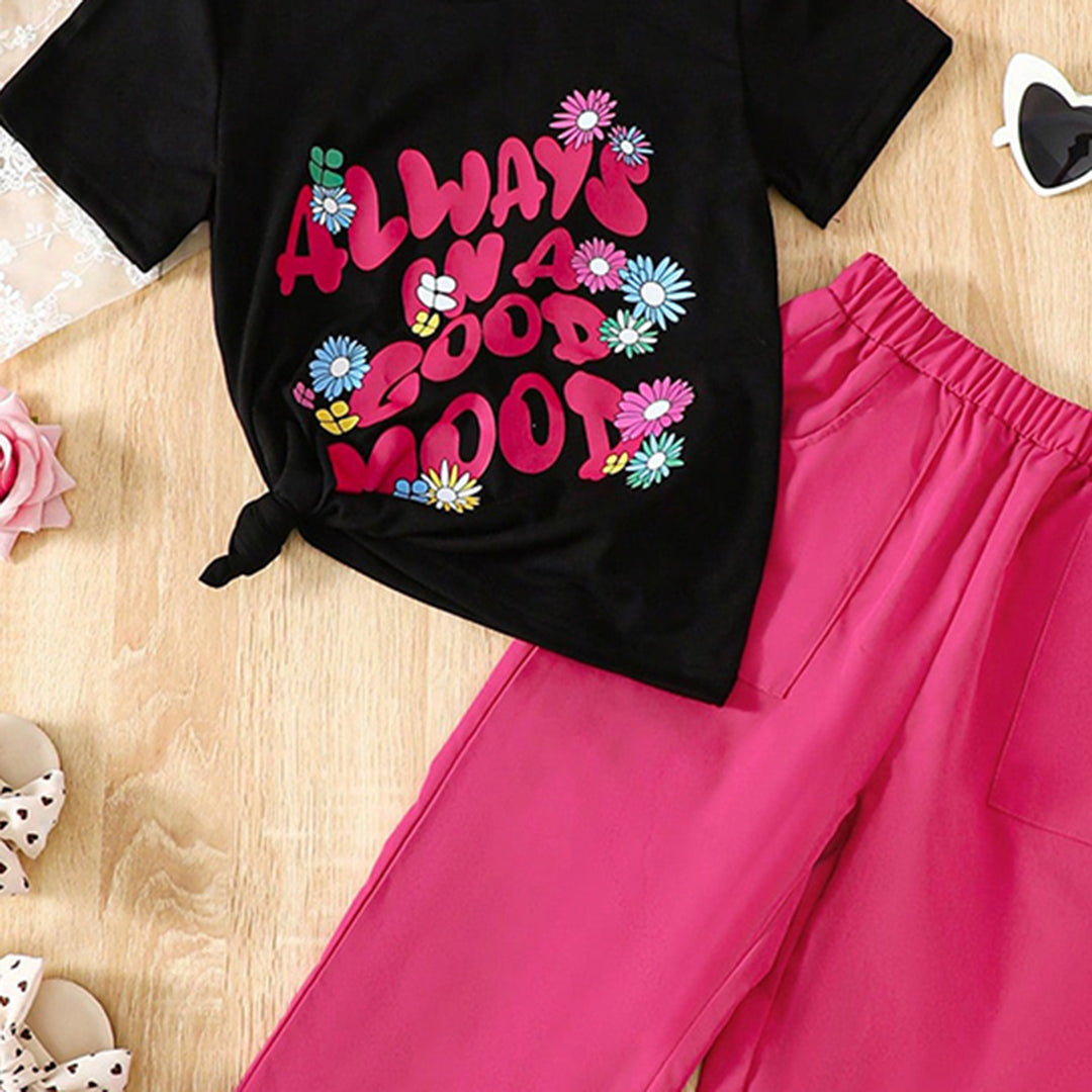 Girls Pink Short Sleeve Printed T-Shirt With Elasticated Pants Set 2 pc. Sets