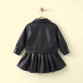 Girls Black Faux Leather Long Sleeve Jacket With Skirt Sets 2 pc. Sets
