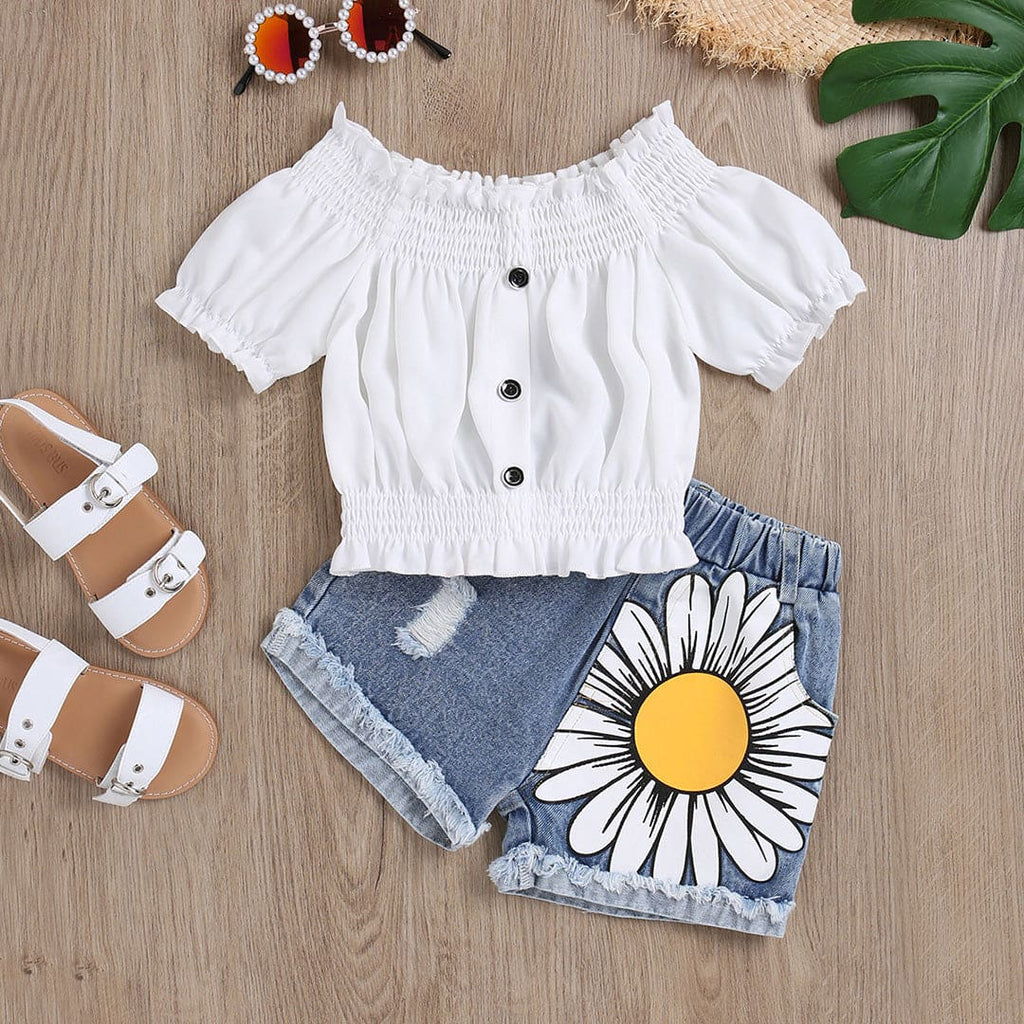 Girls White Off Shoulder Top With Printed Denim Shorts Set Sets White 1-2 Y 