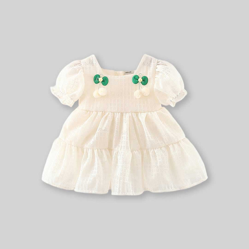 Girls Puff Sleeve Cherry Lace Embroidery Dress Casual Dresses Off White 1-2 Y 