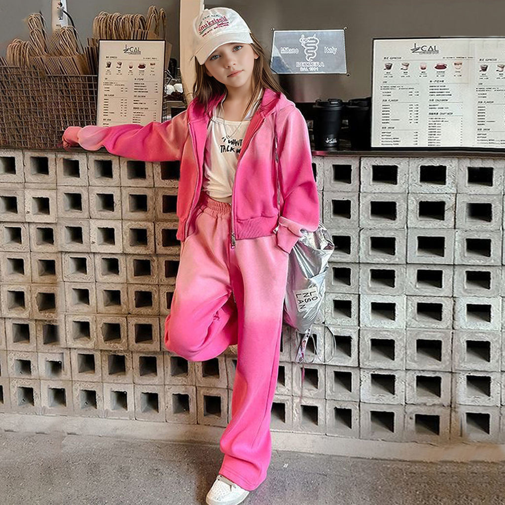 Girls Pink Ombre Printed Front zipper Hooded Jacket With Pants Winter Co-Ord Set 2 pc. Sets