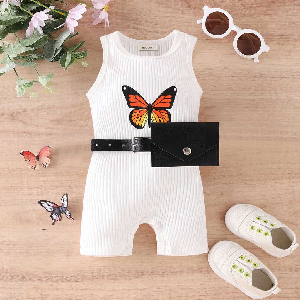 Girls Butterfly Print Knitted Jumpsuit With Waist Bag Belt Set Jumpsuits White 1-2 Y 