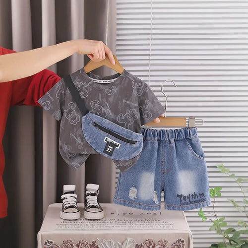 Boys Grey Bunny Printed Short Sleeve T-Shirt With Ripped Denim Shorts Sets 2 pc. Sets Grey 1-2 Y