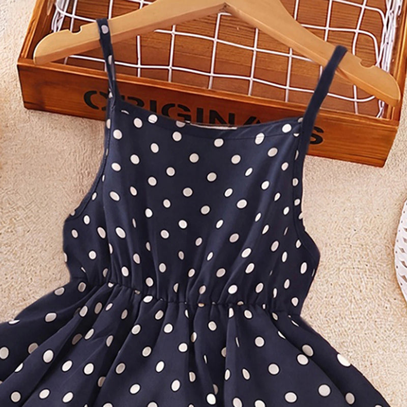 Girls Navy Blue Polka Dot Print Sleeveless Layered Dress Casual Dresses