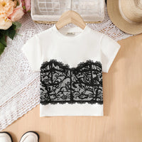 Girls White Lace Corset Printed T-Shirt With Denim Skirts Set Sets