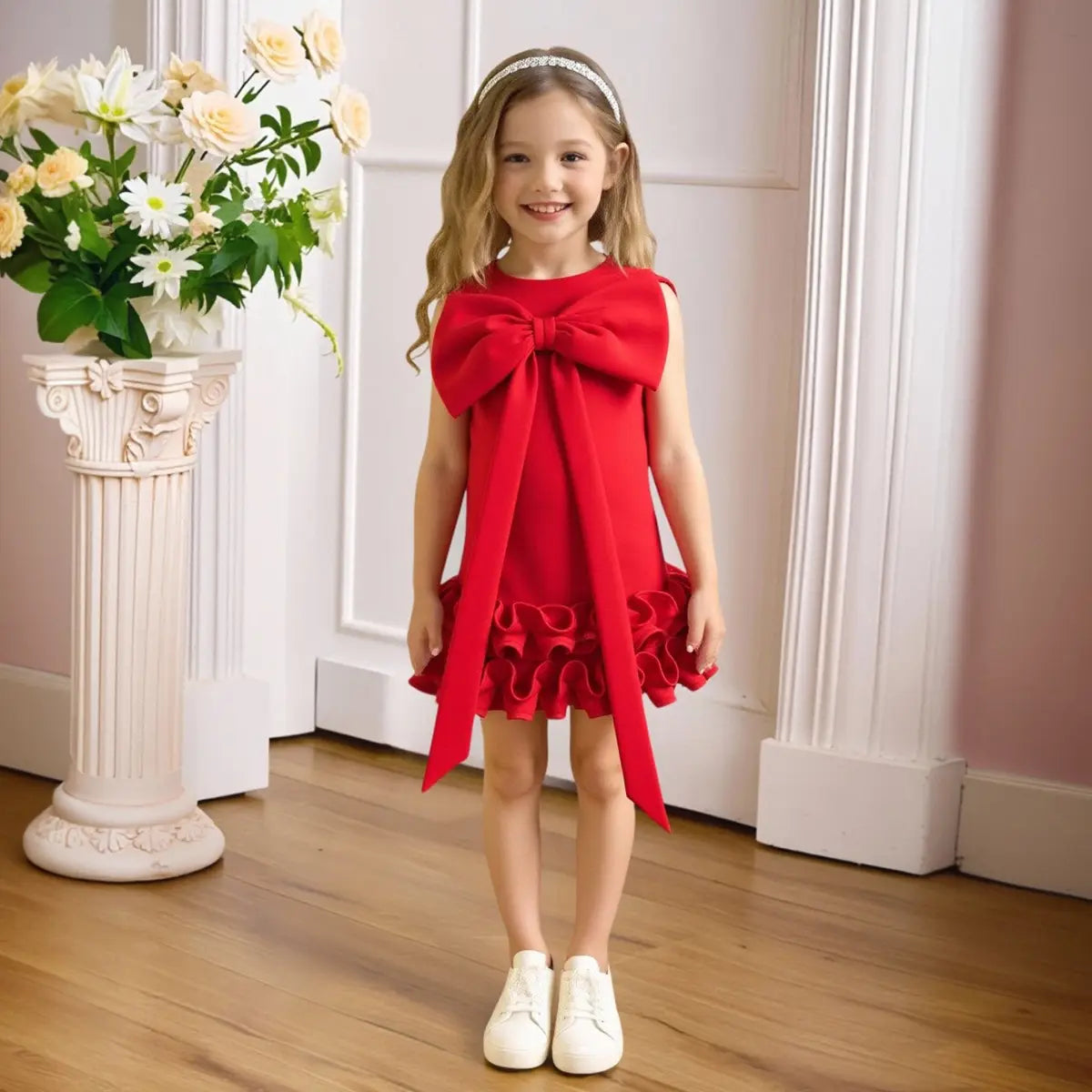 Girls Red Sleeveless Large Bow Applique A-line Party Wear Dress Party Dresses