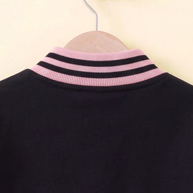 Girls Pink Alphanumeric Printed Varsity Jacket With Pleated Skirt Sets 2 pc. Sets