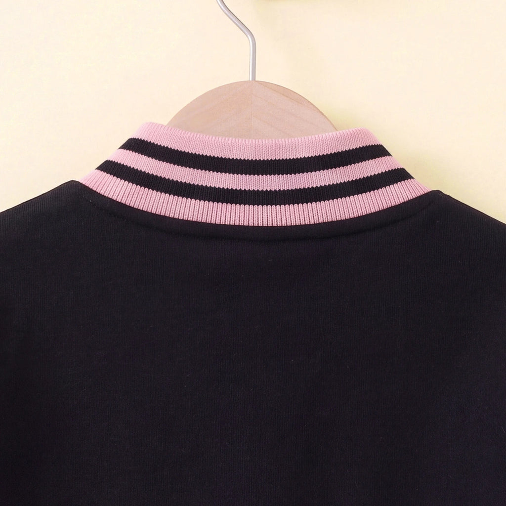 Girls Pink Alphanumeric Printed Varsity Jacket With Pleated Skirt Sets 2 pc. Sets