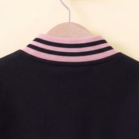 Girls Pink Alphanumeric Printed Varsity Jacket With Pleated Skirt Sets 2 pc. Sets