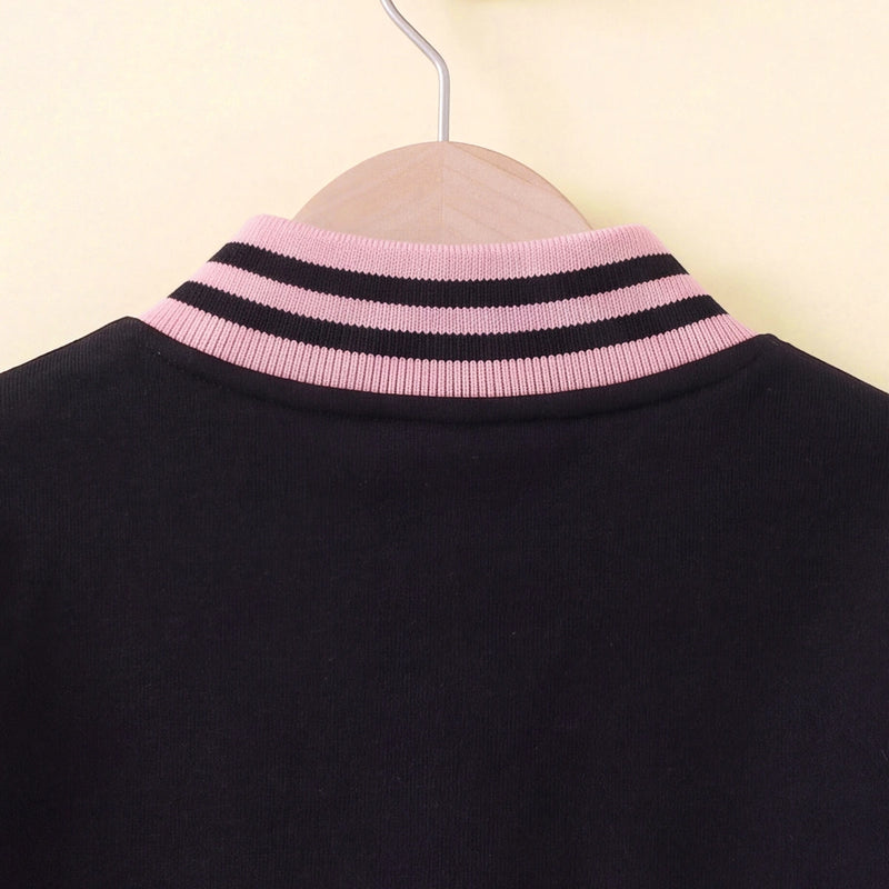 Girls Pink Alphanumeric Printed Varsity Jacket With Pleated Skirt Sets 2 pc. Sets