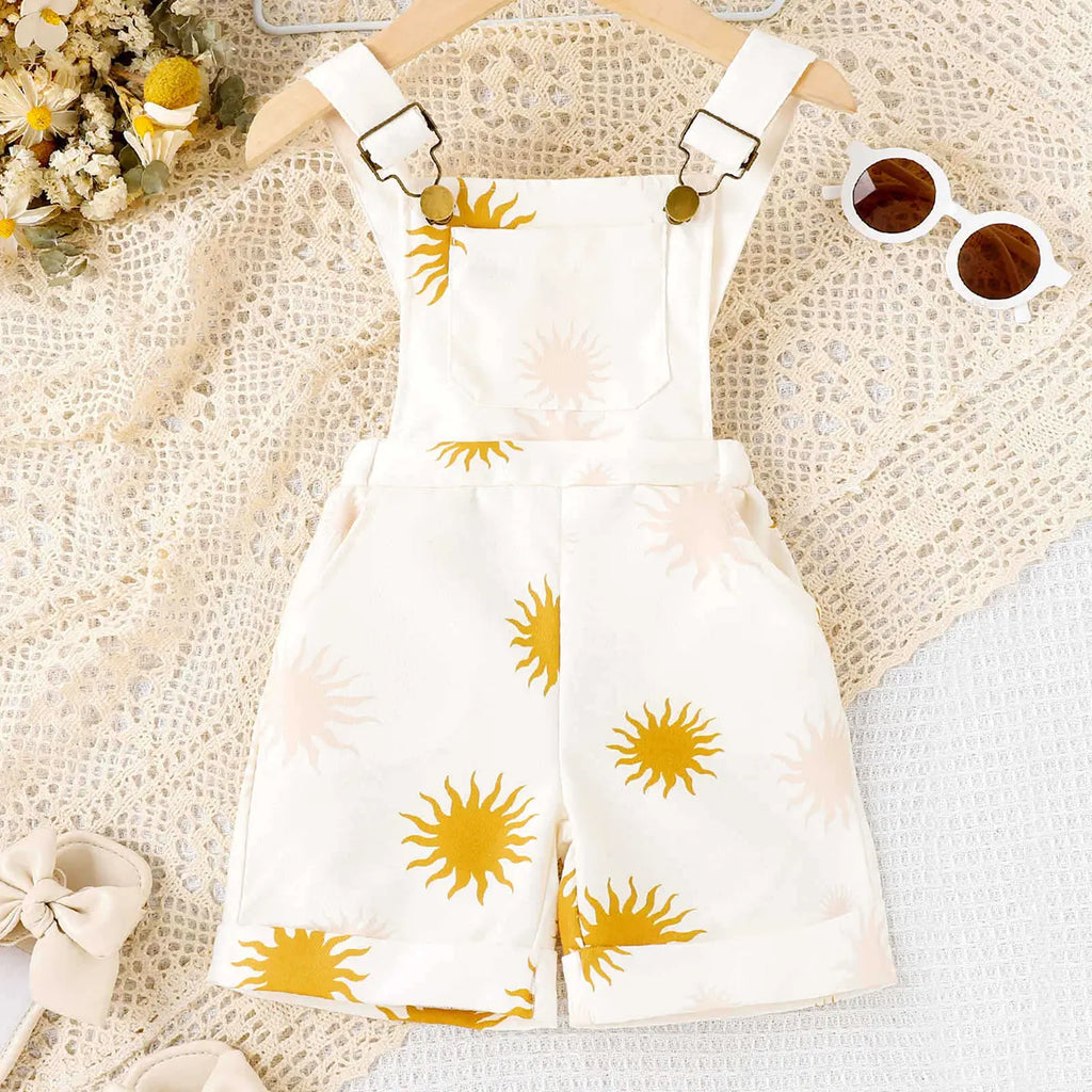 Girls White Sun Print Adjustable Strap Dungaree Jumpsuits White 1-2 Y
