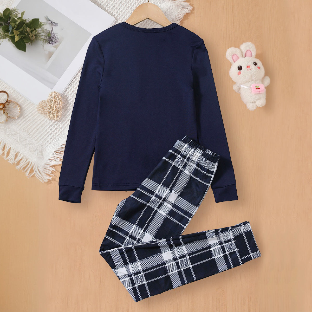 Boys Navy Blue Long Sleeves T-Shirt With Checked Pants Set 2 pc. Sets