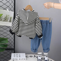 Boys Black Stripes Hooded Zipper Jacket With Denim Jogger Sets Sets