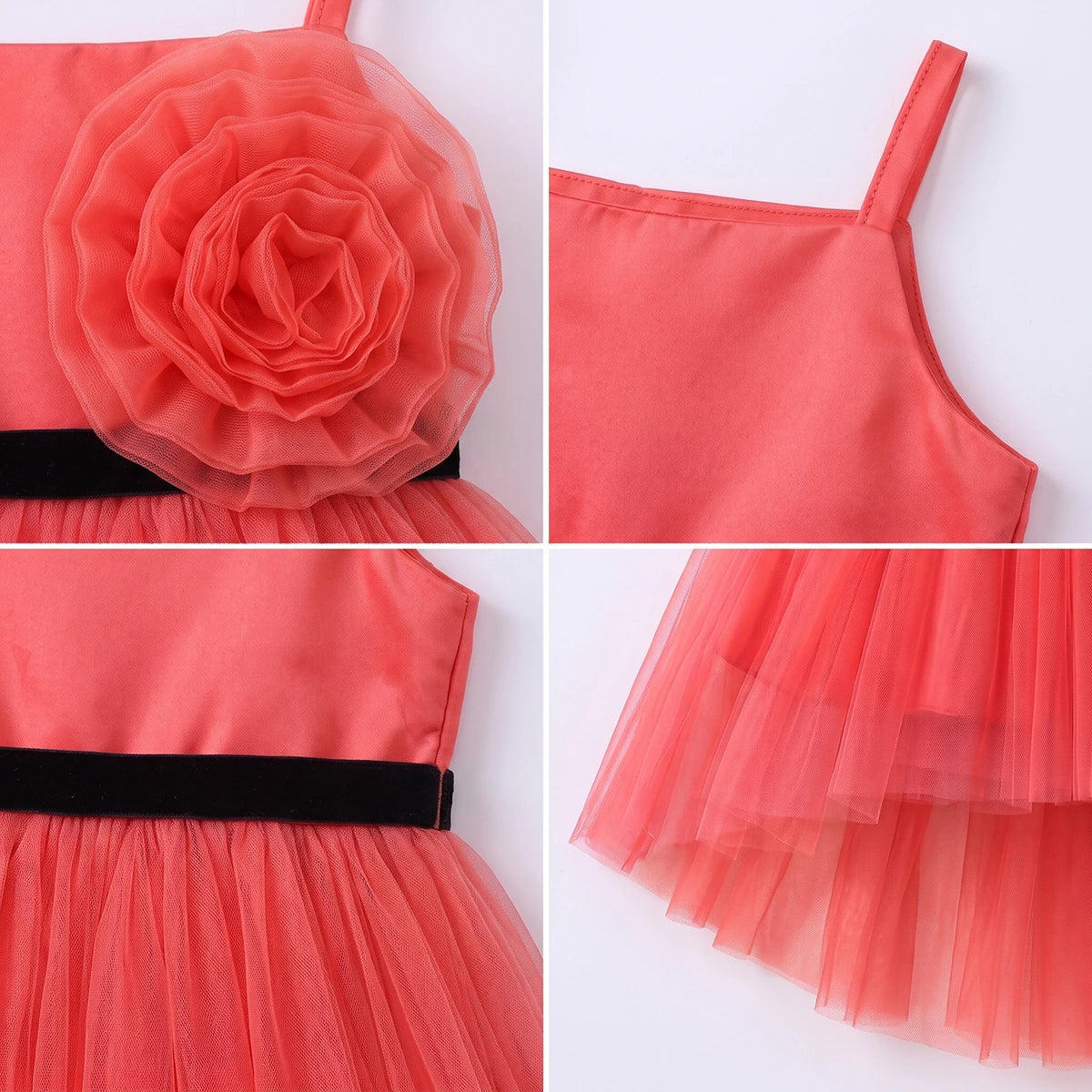 Girls Coral Floral Applique Sleeveless High-Low Party Dress Party Dresses