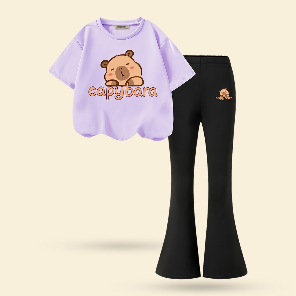 Girls Purple Teddy Print Short Sleeve Top With Bell Bottom Pants Set 2 pc. Sets Purple 7-8 Y