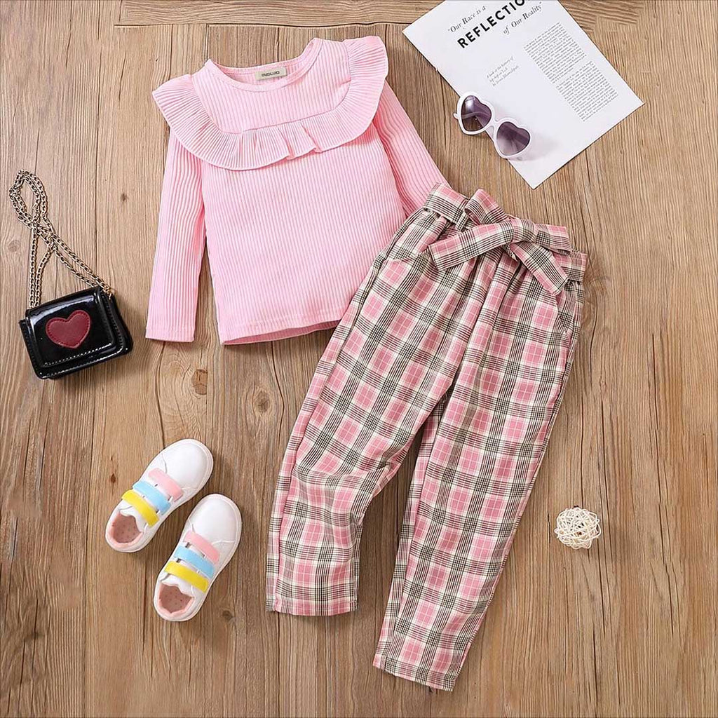 Girls Long Sleeve Knitted Top With Check Trousers Set