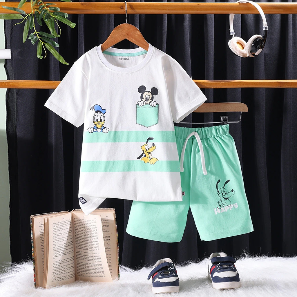 Boys Green Cartoon Character Printed T-Shirt With Elasticated Shorts Sets Sets Green 1-2 Y