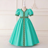 Girls Teal Puff Sleeves Fit & Flare Dress With Printed Trims Casual Dresses Teal 3-4 Y