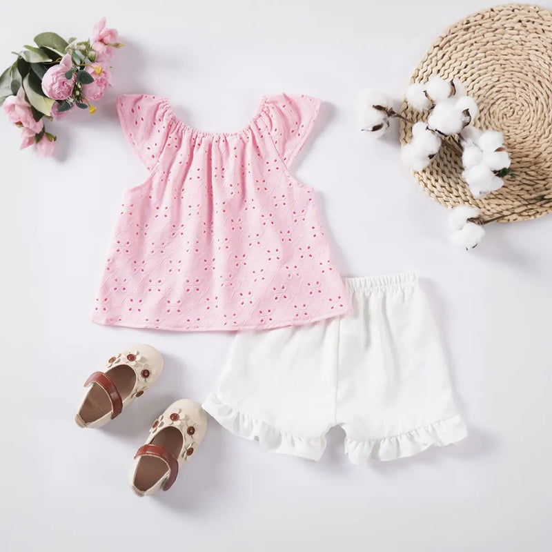 Girls Pink Eyelet Embroidered Top With Ruffle Hem Shorts Set Sets